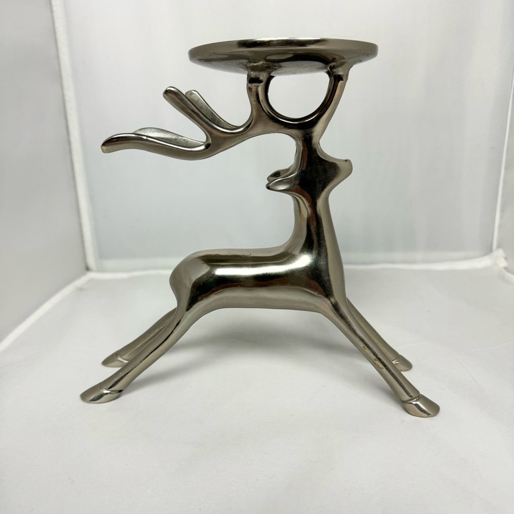 Silver Tone Deer Candle Holder Rustic Cabincore Holiday Decor Made in India